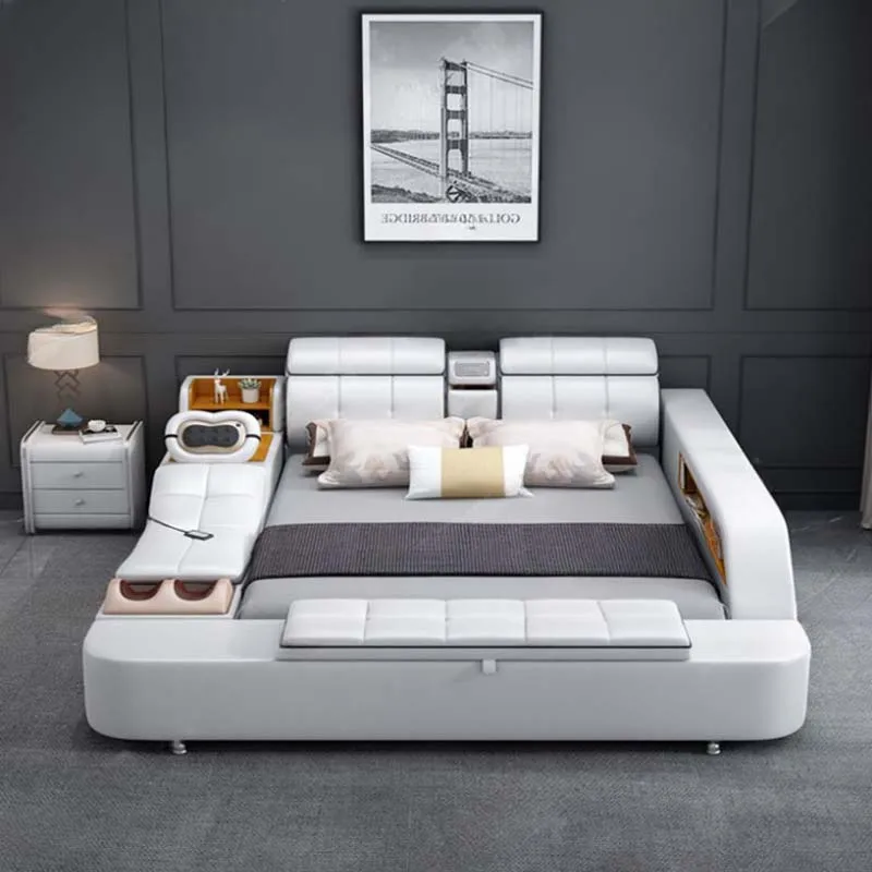 

Leather Wood Double Bed Storage Projector European Electric Bedroom Bed Luxury Smart Massage Lit Multifonctionnel Furniture Home