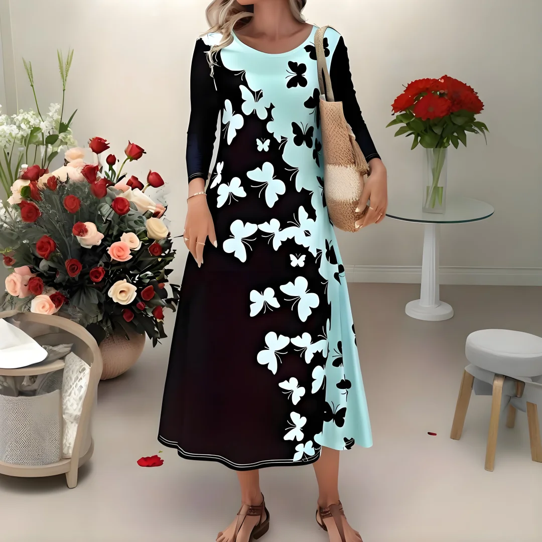 

2025 New Autumn Elegant Women's Midi Dress Round Neck Long Sleeve Design Butterfly Pattern Fashion Women's Clothing