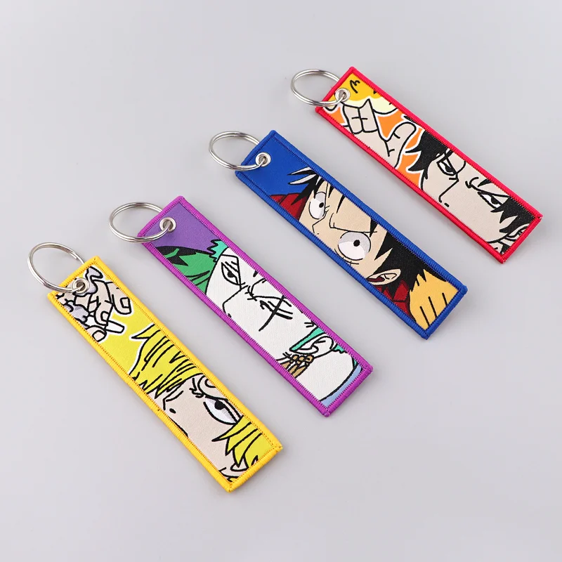 Anime One Piece Label Keychain Luffy Zoro Action Figures Fabric Woven Label Key Ring Accessories for Car Bag Key Chain Toys Gift