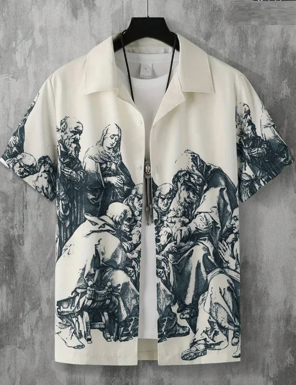 

2025 New Summer Men 3D Printed Abstract Painting Patterned Shirt Neutral Fashion Casual Harajuku Style Oversized Hawaiian Shirt