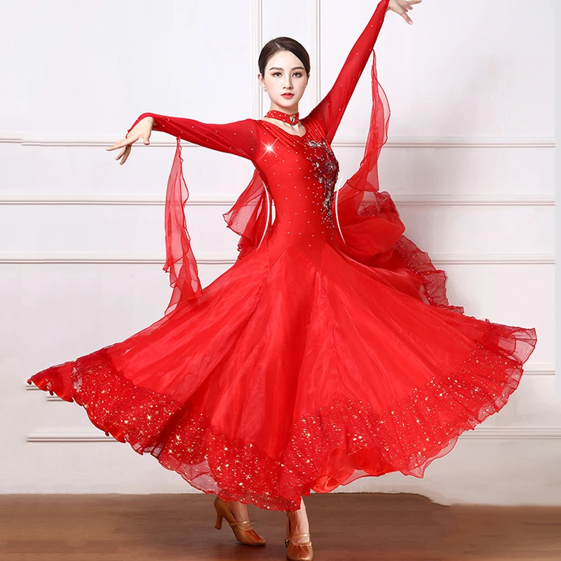 New Red Modern Waltz Performance Clothes Spandex Rhinestone Women's Ballroom Competition Dresses Adults Standrad Stage Dancewear