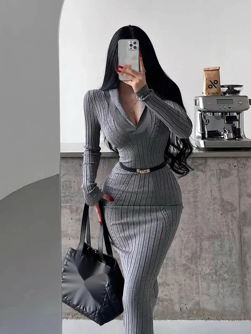 

Сексуальное облегающее платье-боди из эластичного трикотажа с отложным воротником и длинными рукавами в стиле Pure Desire, модный женский топ 9F9U