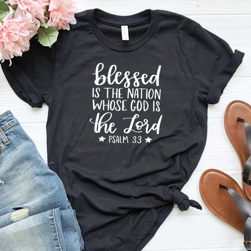 

Woman Red T-shirts Casual Short T-shirt Faith Jesus Thanksgiving Blessed Is The Nation Whose God Is The Loid Summer