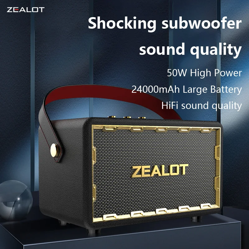 ZEALOT MT01 50W Retro Wireless Speakers, Outdoor Portable Subwoofer Speaker, Dual Pairing, 24000mAh Battery.