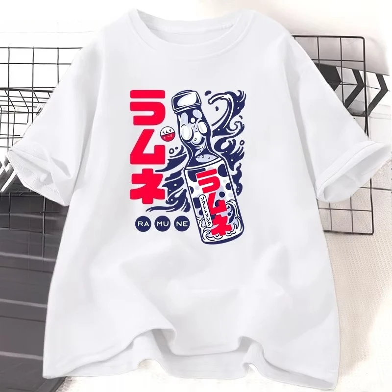 Camiseta Ramune con diseño de bebida gaseosa japonesa para hombre y mujer, camisetas gráficas de algodón con cuello redondo, camiseta informal holgada de verano, ropa de moda