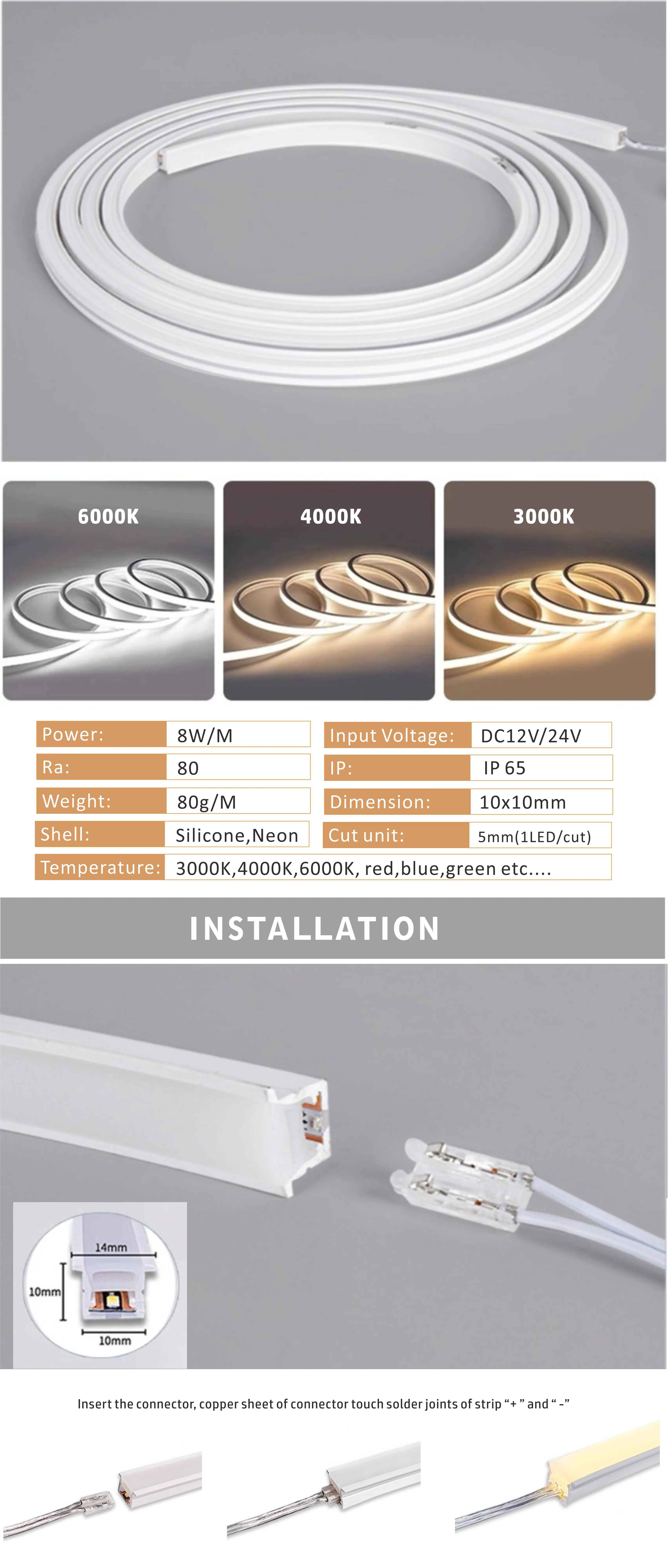 Constant Voltage DC12V/24V Silicone Flexible Neon Light Waterproof IP65/IP68 CCT RGBW Waterproof for Stair Advertising