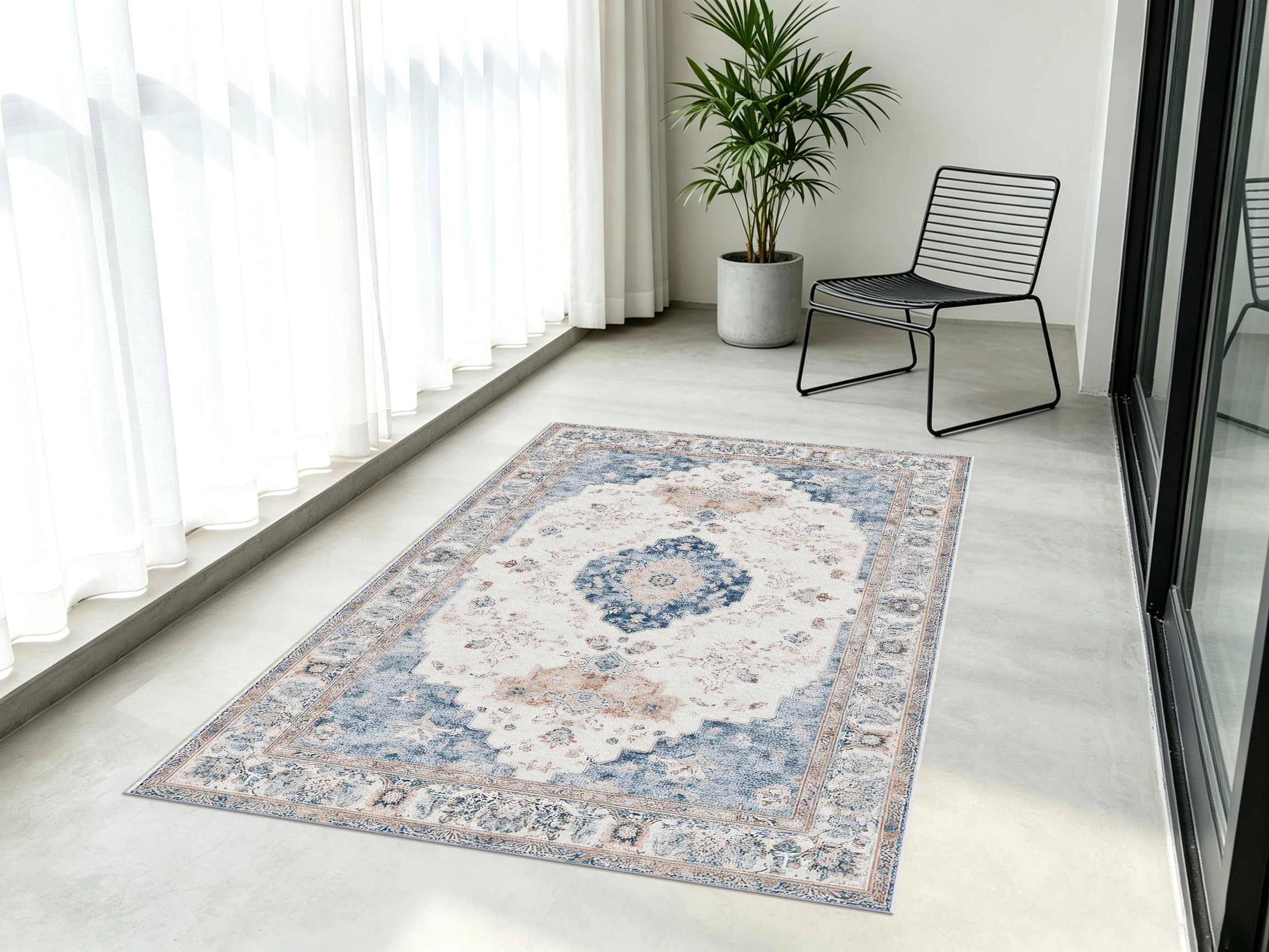 Blue‑Beige Vintage Persian Area Rug, Classic Medallion with Multi‑Border, for Autumn Winter Home Refresh, Decor for Office and Living Room