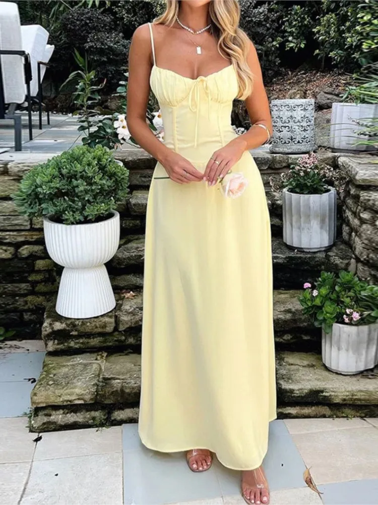 

Summer Simple Commuting Solid Color Casual Dress New Women's Elegant Sexy Lace-up A-shaped Suspender Large Swing Dresses