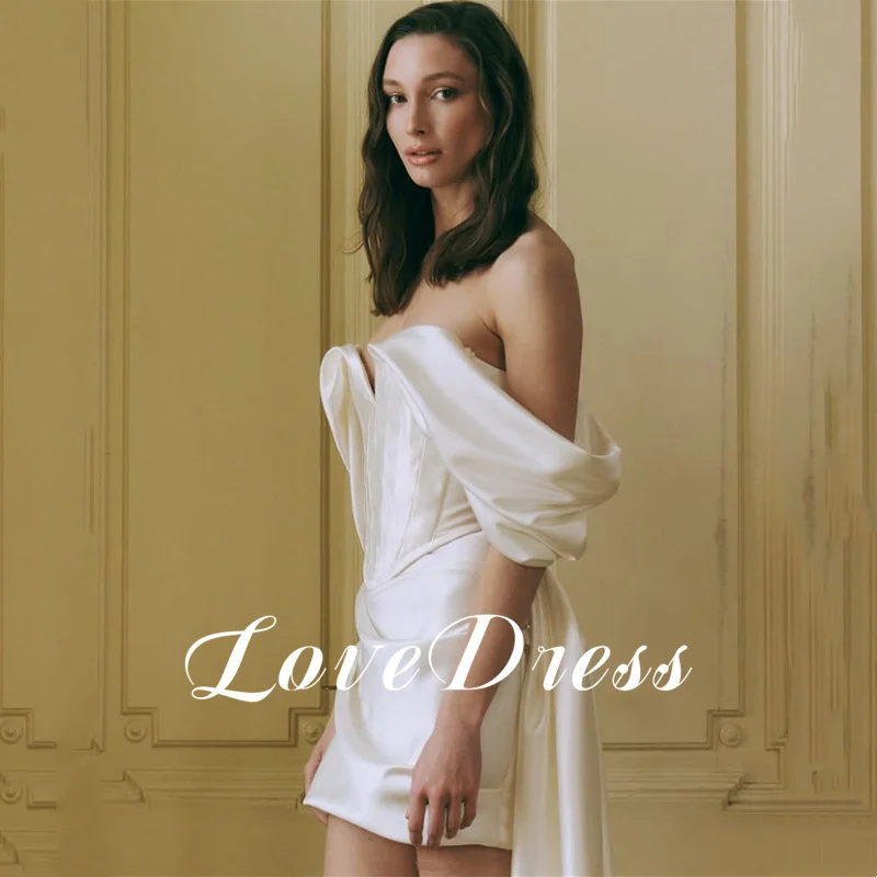 섹시한 브이넥 새틴 미니 아이보리 웨딩 드레스 민소매 오프 숄더 심플 무릎 위 플리츠 오픈 백 짧은 드레스 맞춤형