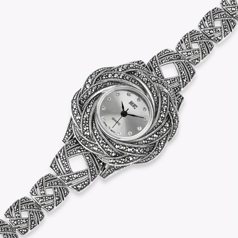 YYSUNNY Simple Beautiful Vintage Rose Flower Wristwatch 925 Sterling Silver Watch Ladies Bracelet Fashion Jewelry Accessories