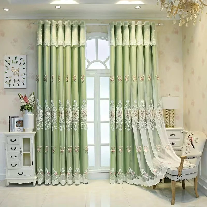 1 Stück Elegante Europäische Doppelschichtige Verdunkelungsvorhänge, Wunderschöne Stickerei, Einfache Montage für Schlafzimmer Wohnzimmer Esszimmer Balkon