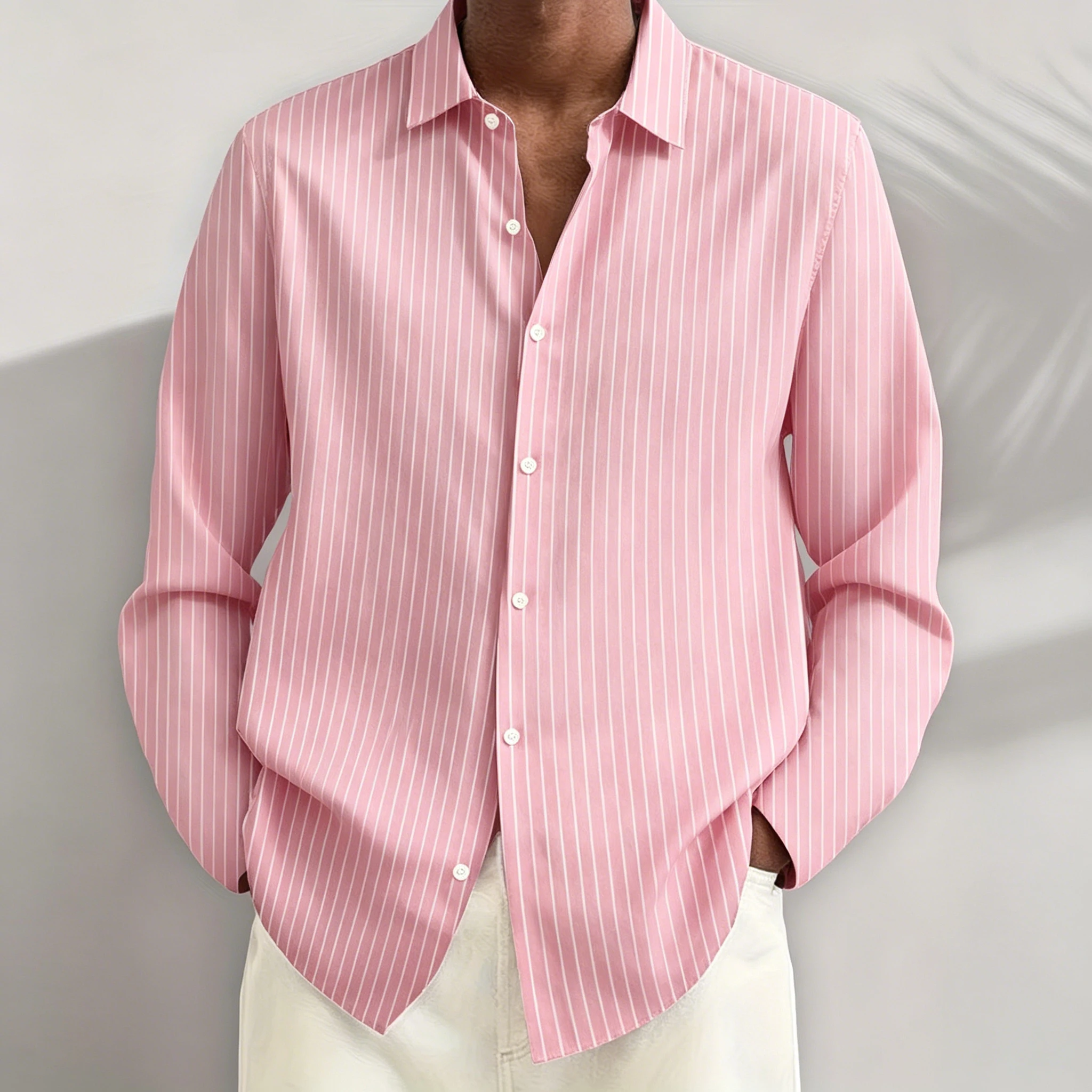 Men's fine striped shirt, loose-fitting long-sleeved cardigan, sophisticated style, slimming collared top