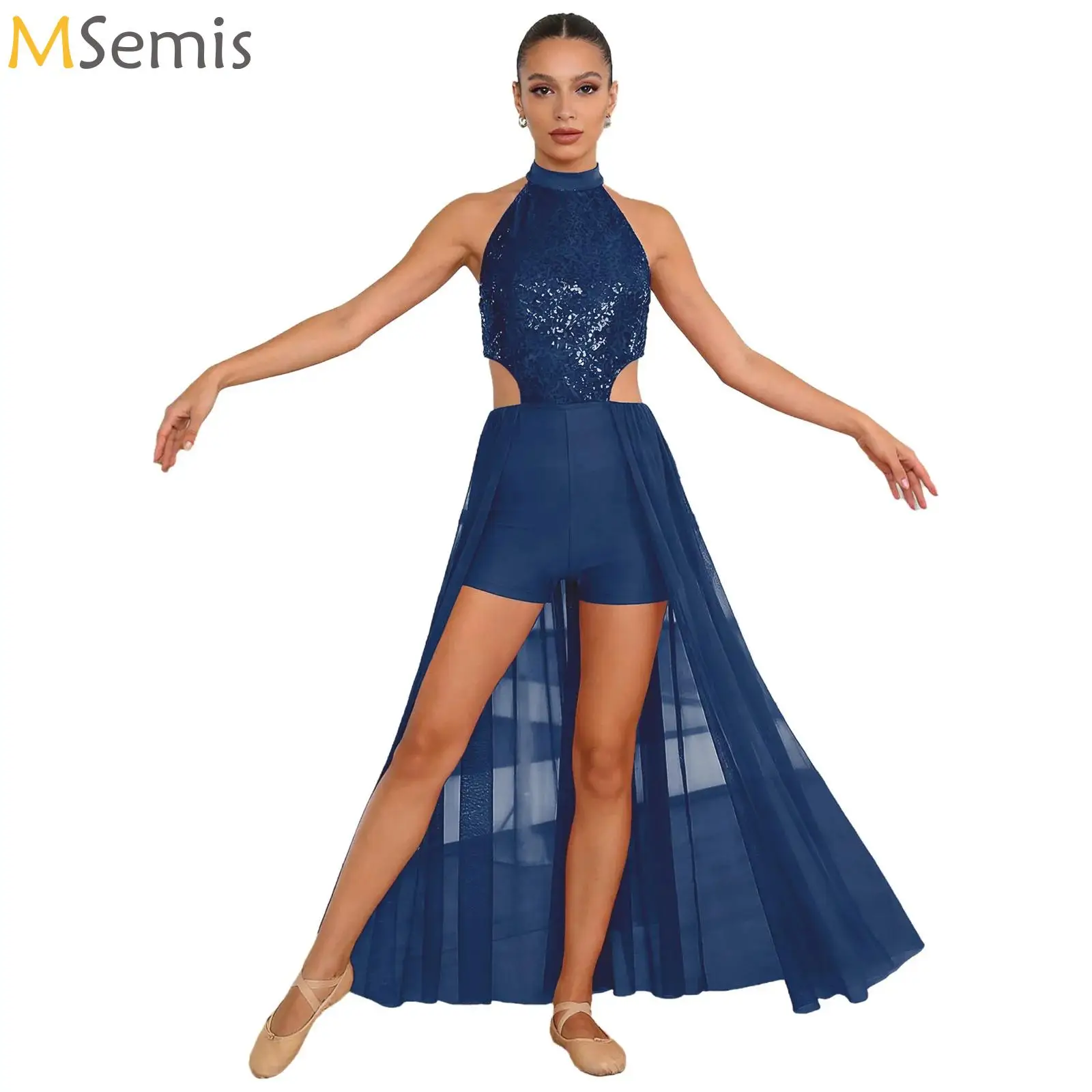 

Womens Lyrical Dance Dress Sequined Top Short Bottom Integrated Mesh Skirt Backless Bodysuit Dress Dancewear Modern Dance Prom