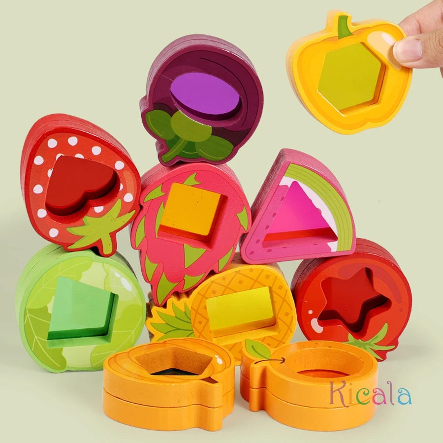 Blocos em forma de frutas playset classificação de madeira empilhamento brinquedos pré-escolar jogo de aprendizagem presente cor & forma jogo de aprendizagem pré-escolar