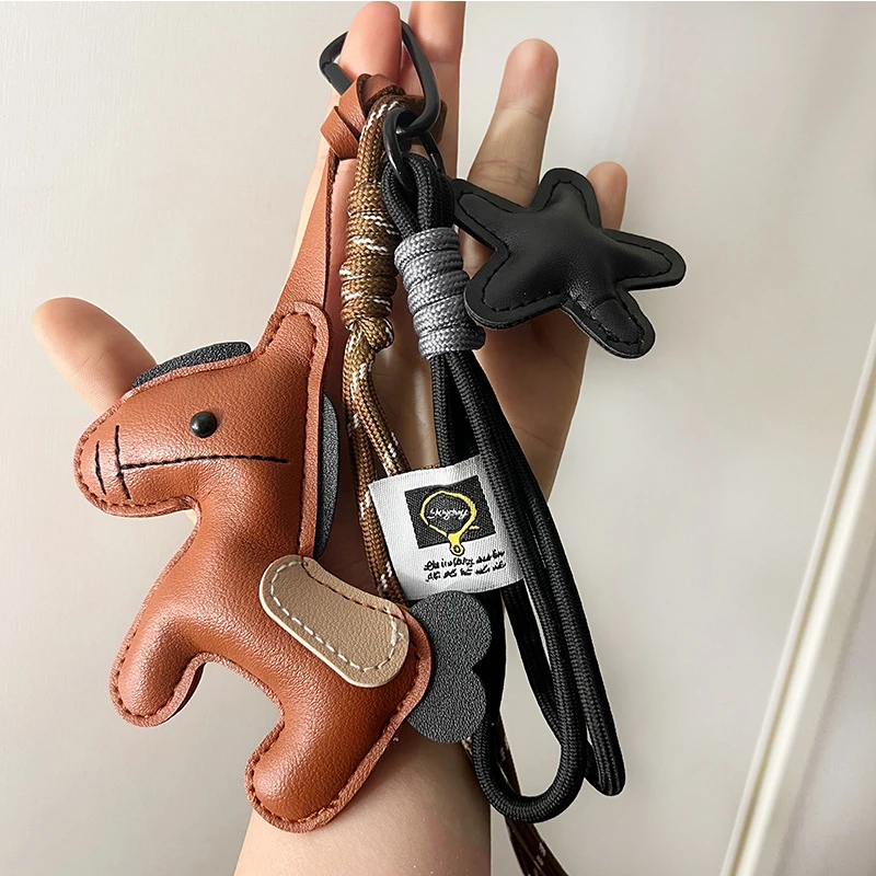 Cartoon Leather Pony Bag Charm Keychain for Women High-End Fashion Mobile Phone Accessory Jewelry Gift
