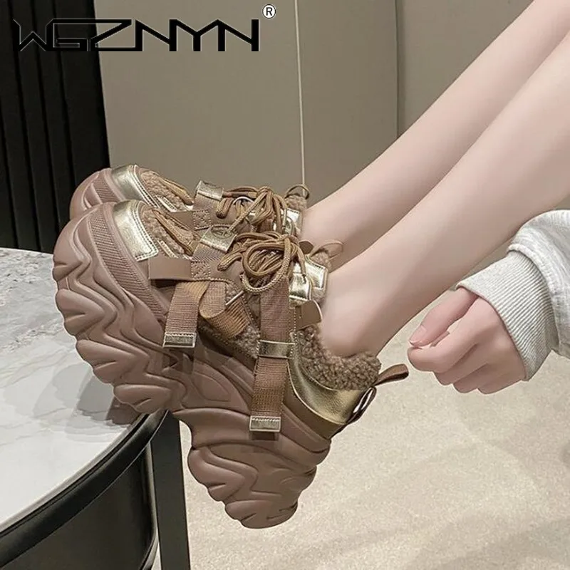 

2024 Women Chunky Fur Sneakers Winter 8CM Warm High Platform Sports Shoes Woman Thick Sole Leather Casual Shoes Zapatillas Mujer