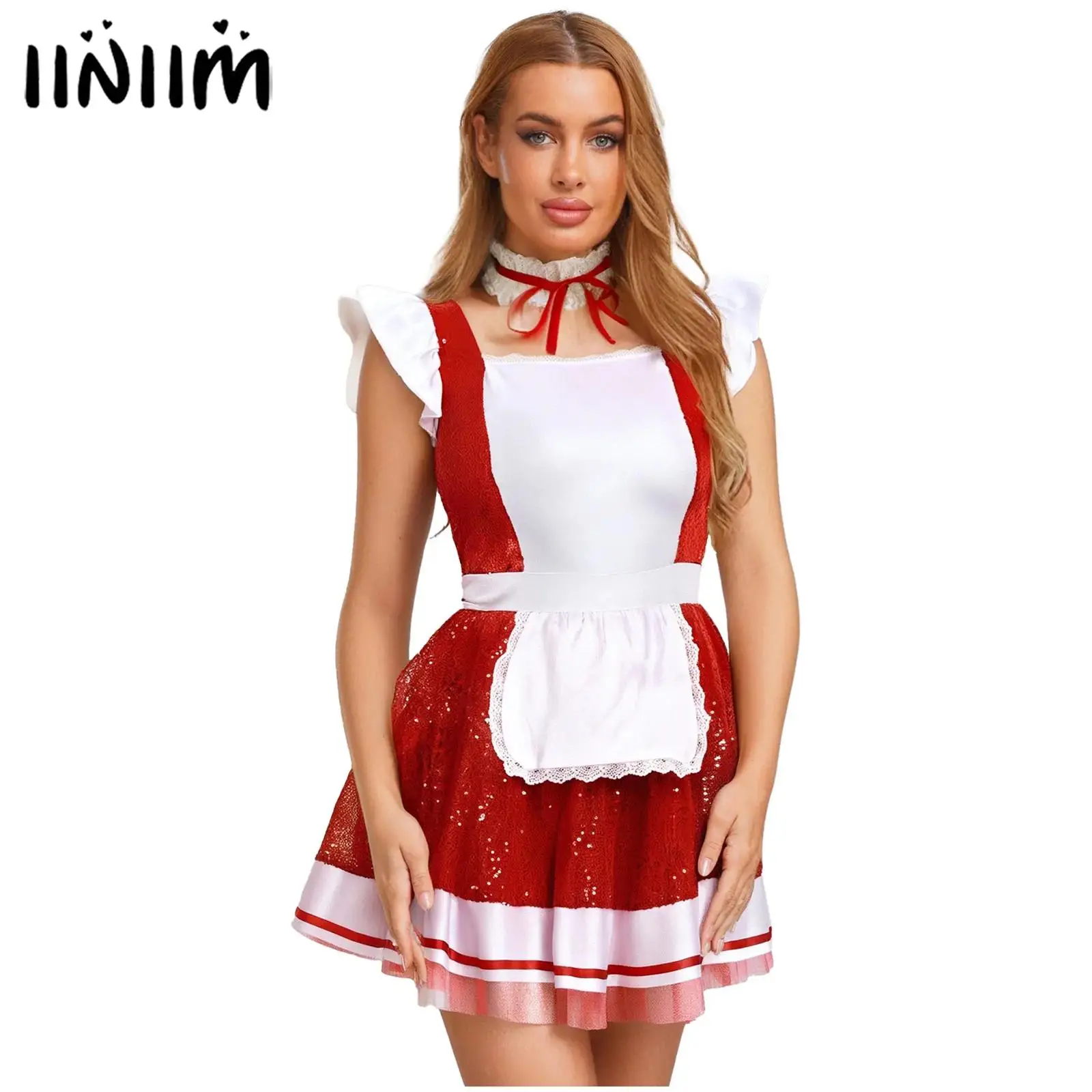 

Womens Halloween Lolita Maid Cosplay Dress And Choker Costume Ruffled Lace Trim Apron Glittery Sequin Tulle Underskirt Dress