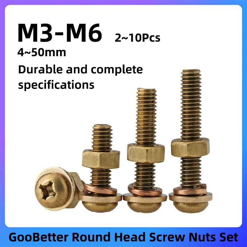 2~10Pcs Round Head Screw Nut Set M3 M4 M5 M6 4~50mm Brass Phillips Machine Screws with Washers and Nuts