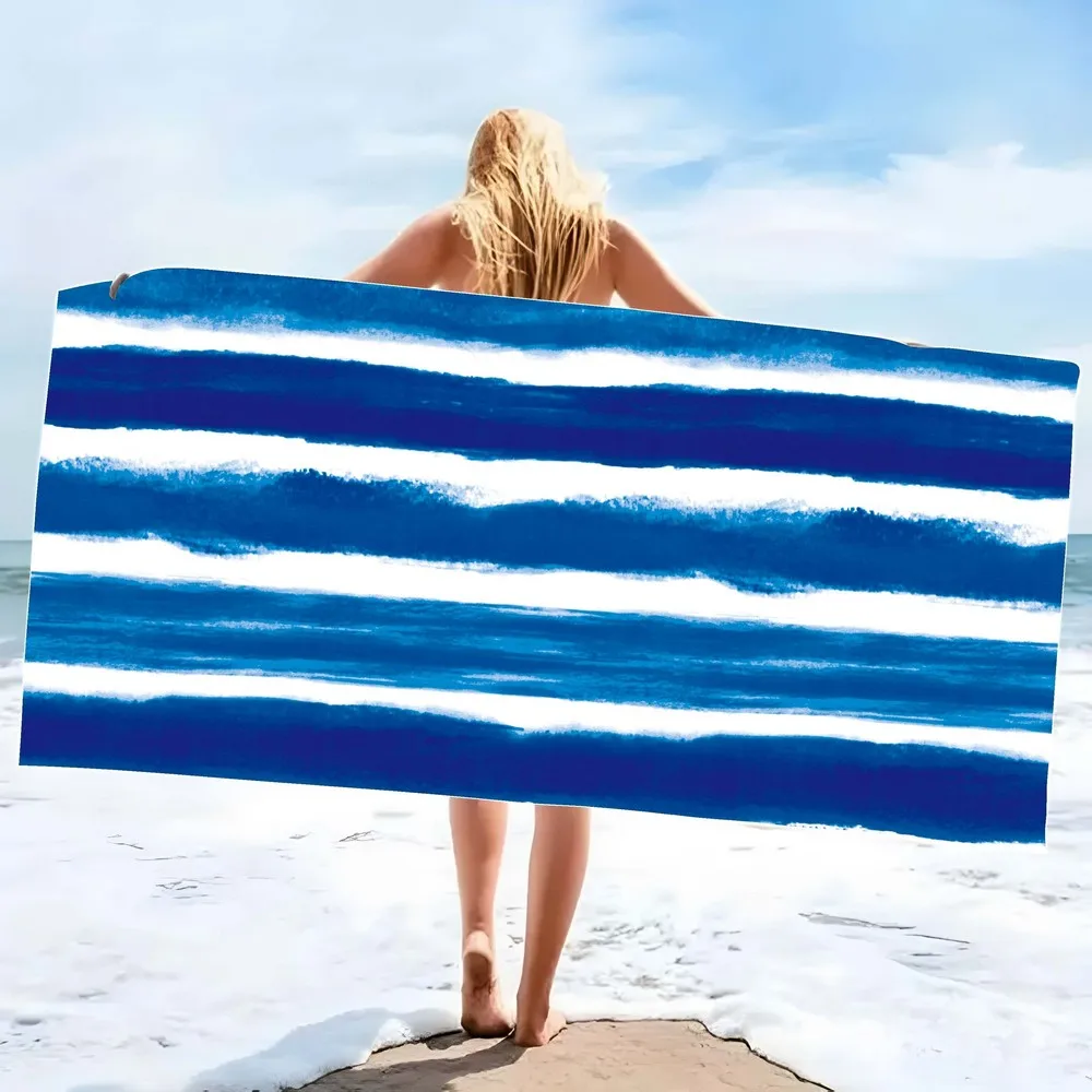 Coastal Watercolor Stripe Beach Towel Patterned Sunscreen And Windproof Suitable For Swimming Pool Camping Travel Blanket