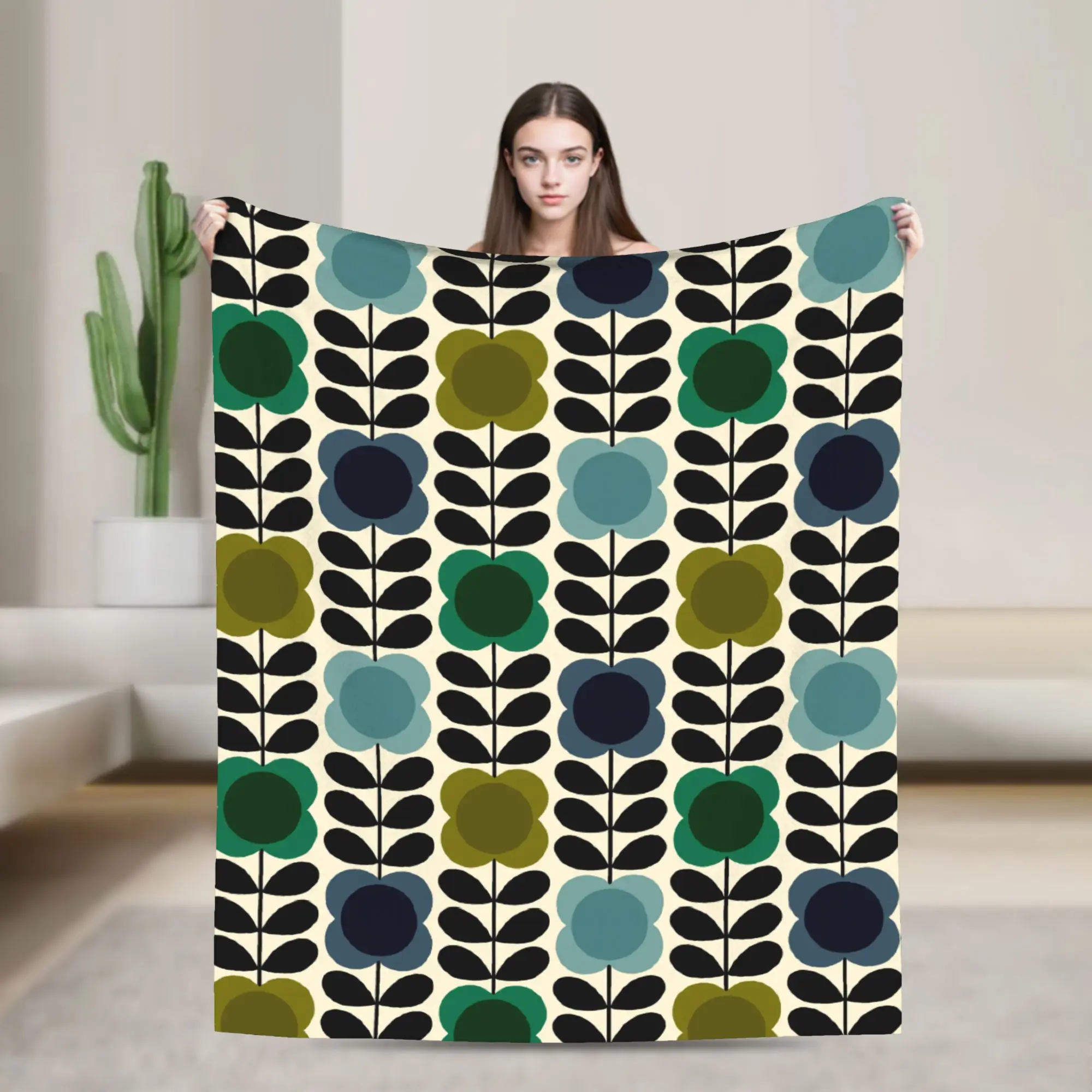 Custom Orla Kiely Spot Flower Stem Blue Green Blankets Breathable Soft Flannel Summer  Throw Blanket for Sofa Outdoor Bedroom