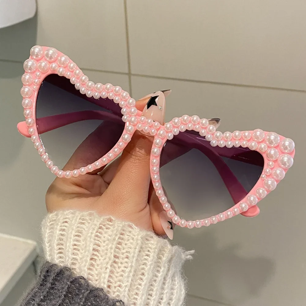 Fashion Pearl Love Heart Sunglasses Women's Large Frame Bling Glasses Wedding Party Decorative Sunglasses Y2K Couple Sun Glasses