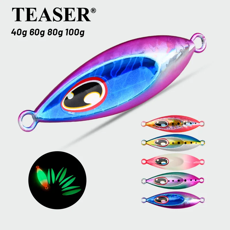 Isca de Metal Luminosa TEASER J168 para Pesca em Costa e Embarcações, 40g/60g/80g/100g, Isca de Afundamento Lento