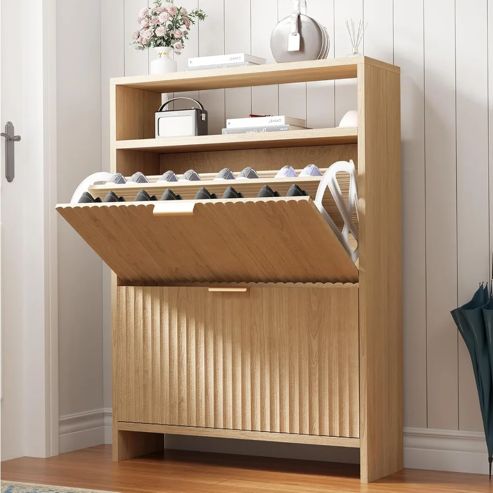 

Shoe Storage Cabinet for Entryway，Narrow Modern Shoe Organizer Cabinet with 2 Flip Drawers，Freestanding Fluted Shoe