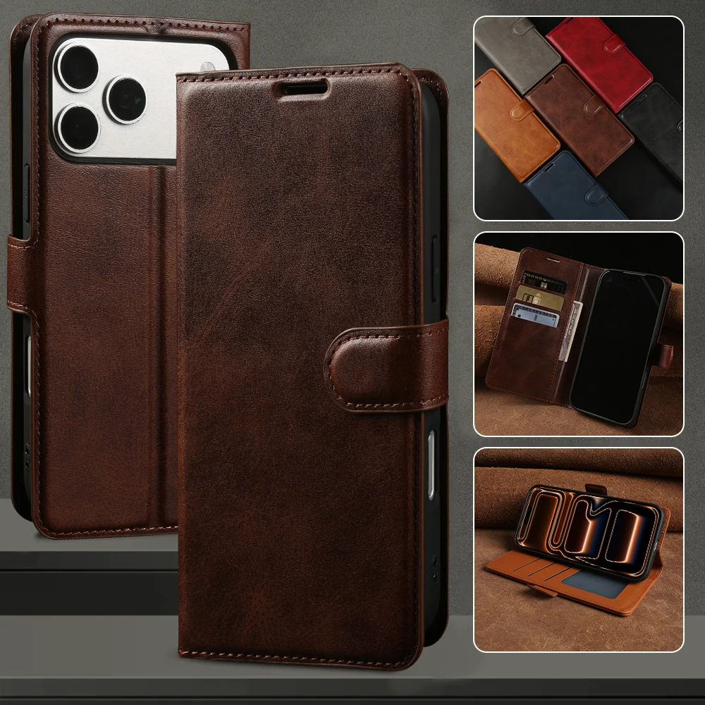 

Luxury Leather Wallet Stand Case For iphone 17 Pro Max 17e 16e 16 15 14 13 12 11 7 8 Plus Flip Phone Case Cover Coque Funda