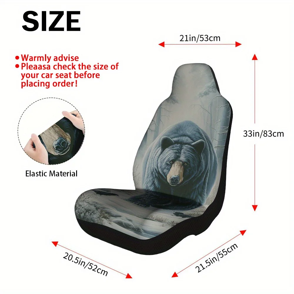 2pcs Winter Forest Bear Themed Car Seat Cover Set – Fit For Most Cars, High-Quality And Stylish Seat Protectors For 2 Front Sea
