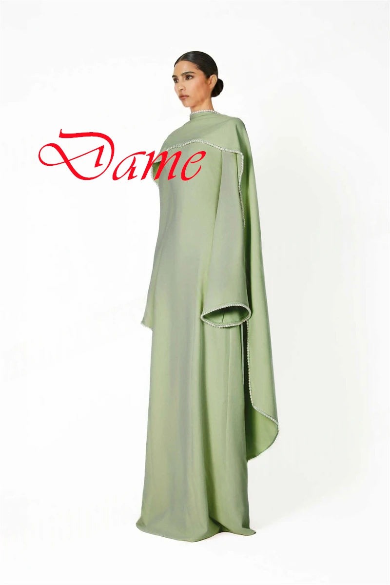 

Customized Delicate Light Green Jersey Evening Dress Exquisite Crew Neck Flare Sleeves Long Sleeves Zipper Back Homecoming Dress
