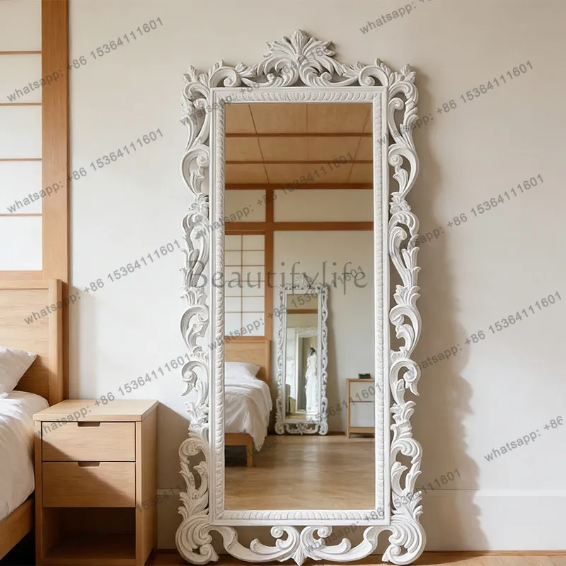 European antique white floor-to-ceiling mirror high-value retro home French high-end full-body fitting mirror