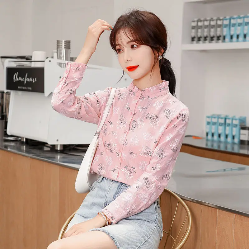 Elegant Ruffled Neck Spliced Button Floral Shirts Women\'s Clothing 2023 Autumn Winter Loose Casual Tops Butterfly Sleeve Blouses