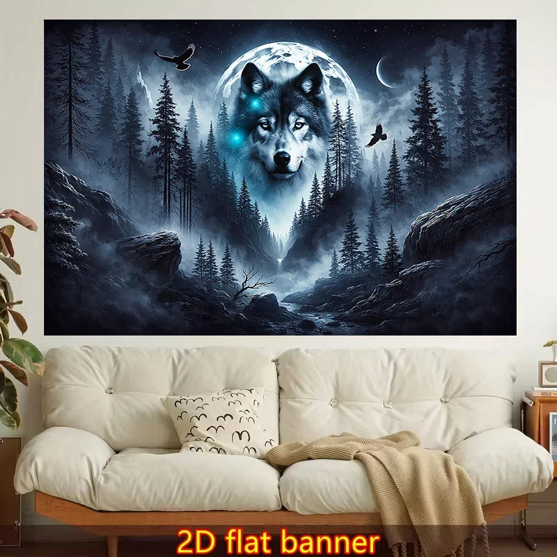 Wolf Moon Tapestry, Majestic Wolf with Glowing Eyes in Pine Forest, Full Moon Night Scene Wall Hanging for Bedroom Living Deco