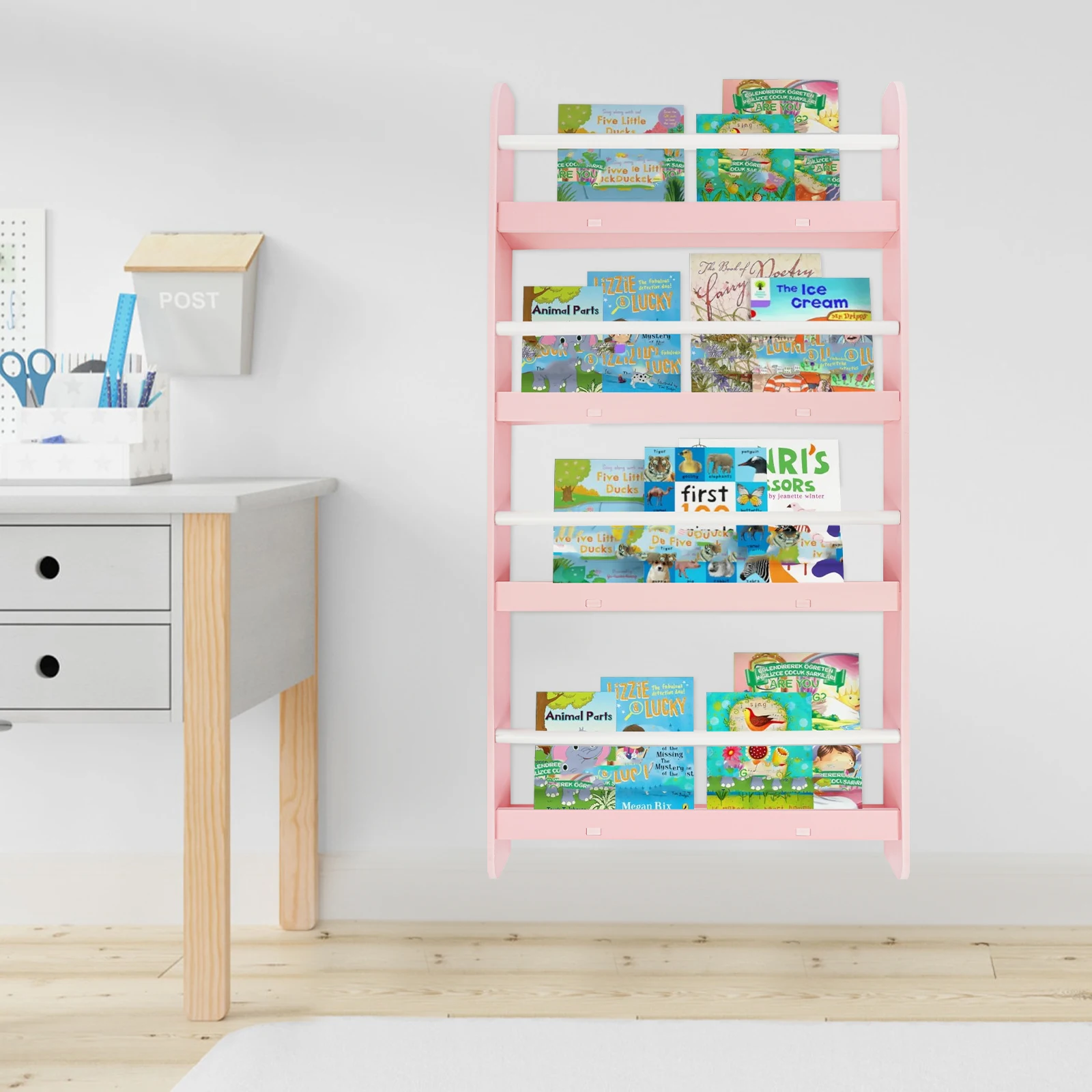 4-Tier Magazine Rack Wall Mounted Children's Bookshelf Living Room Bedroom Magazine Rack Book Storage Rack