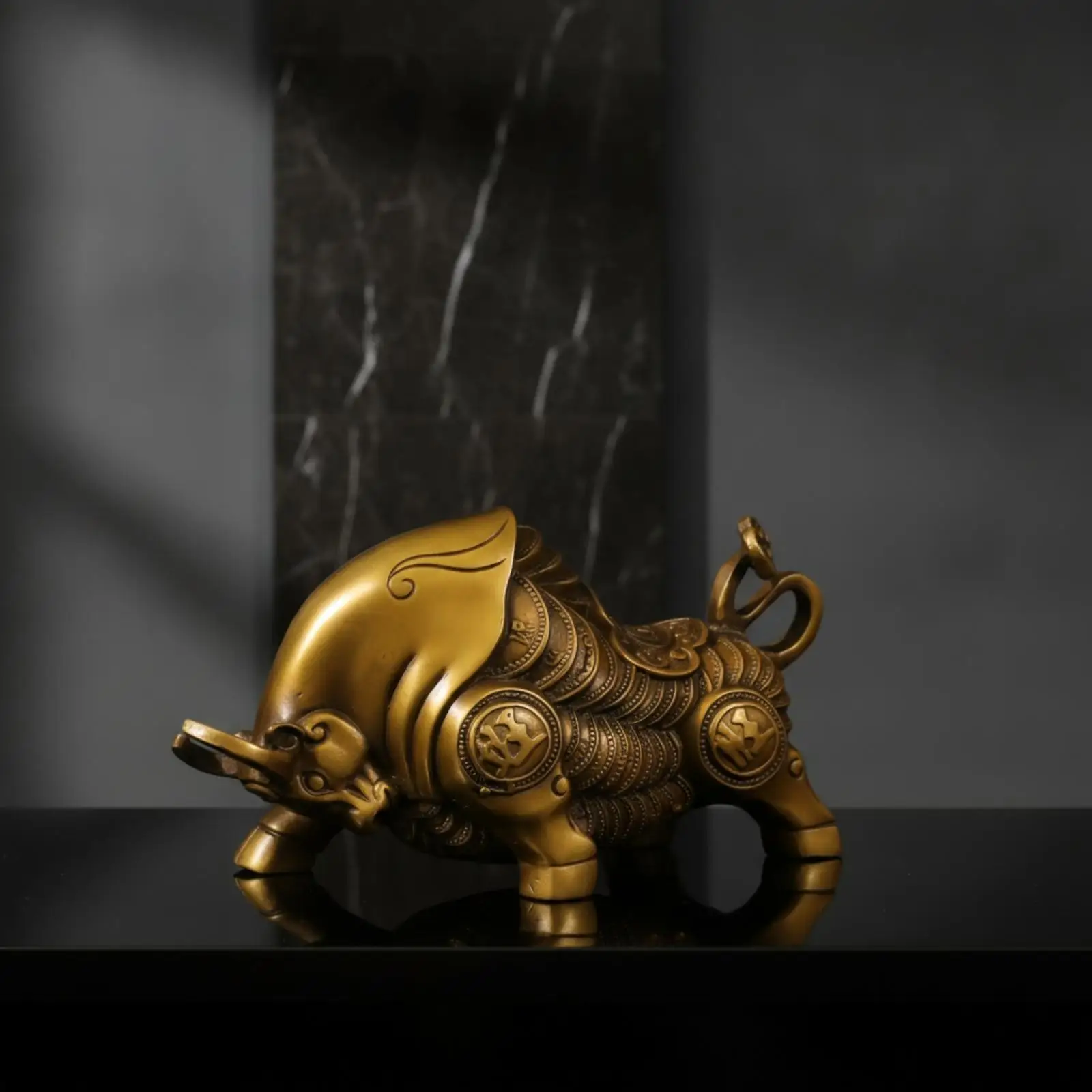 Zodiac Bull Figurine Copper Metal Ox Statue Embossed Animal Decor for Study Room Shelf Home Office Artistic Collectible Piece