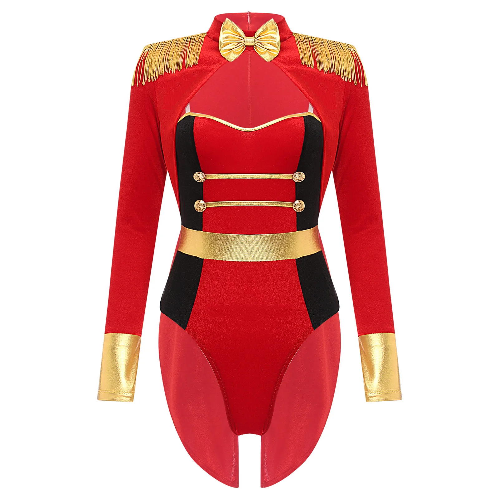 Womens Circus Ringmaster Costume Jumpsuit Halloween Carnival Party Long Sleeve Tailcoat Velvet Fringed Sexy Cosplay Bodysuit