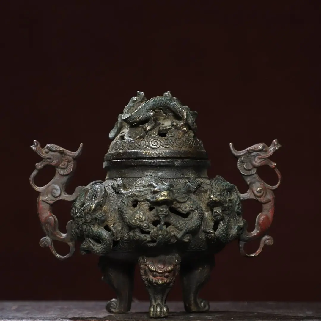 Old collection treasures, copper extension gold [Kowloon furnace] height 14 cm wide 17 cm diameter 5 cm weight 1.2 kg