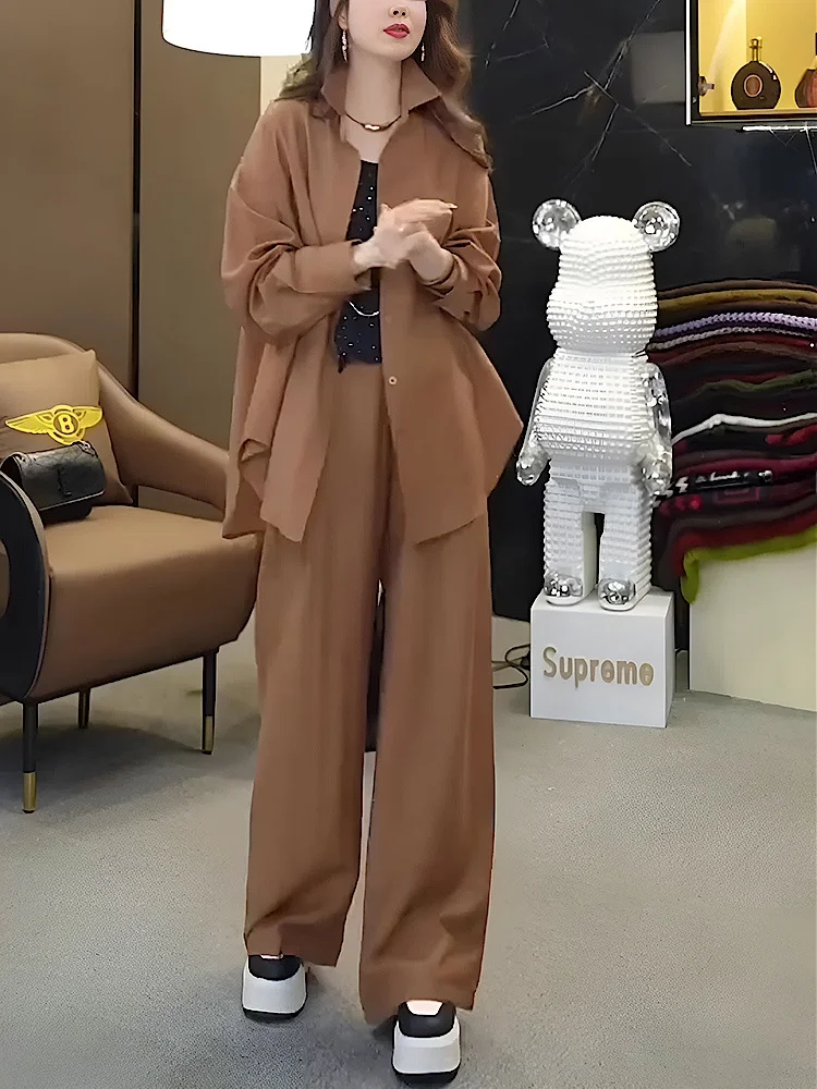 

Spring 2026 Women's Casual Sportswear Set Long Sleeve Shirt Wide Leg Pants Two Piece Set Elegant High-End Feeling New Arrival