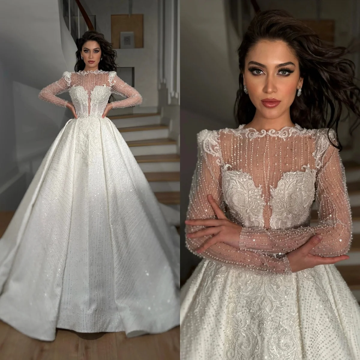 Graceful A Line Wedding Dress For Women Jewel Neck Long Sleeves Bridal Gown Sequins Lace Beaded Sweep Train Dresses Custom Made
