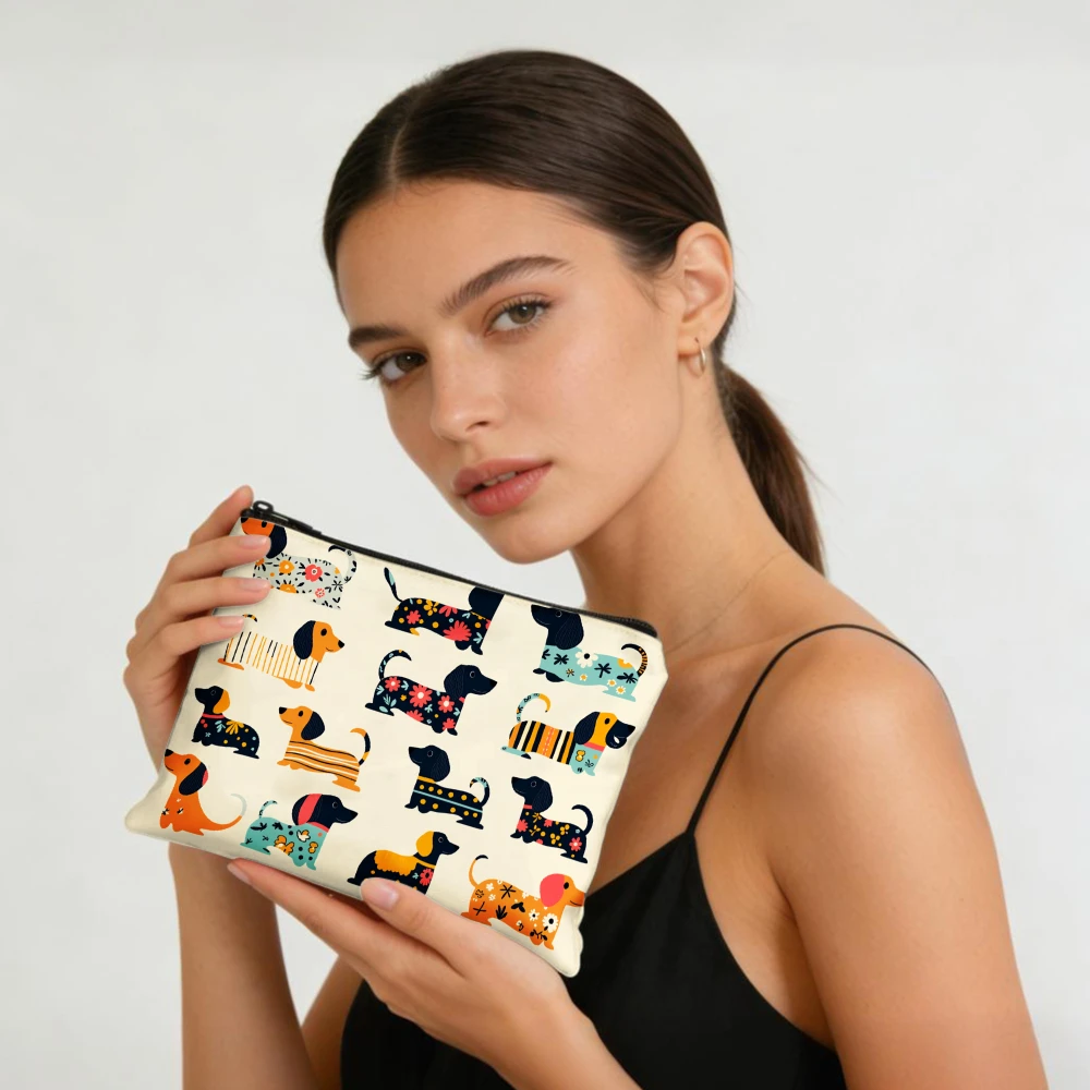Colorful Dachshund Pattern Print Makeup Bags for Girls Cosmetic Pouch Toiletry Bag Pencil Case Travel Storage