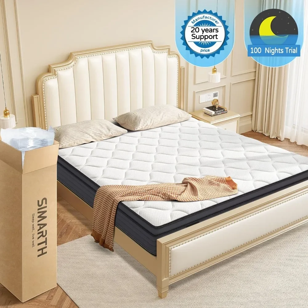 Matelas Queen Size avec mousse à mémoire de forme, support de bord de bain, ressorts de poche, moyen optimiste, 12 po