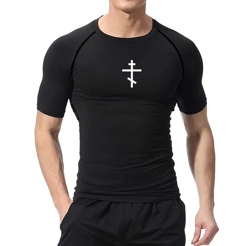 Cross Print Compression Shirt for Men Christian Athletic Tshirt Tees Tops Gym Workout Fitness Running Baselayers Undershirts