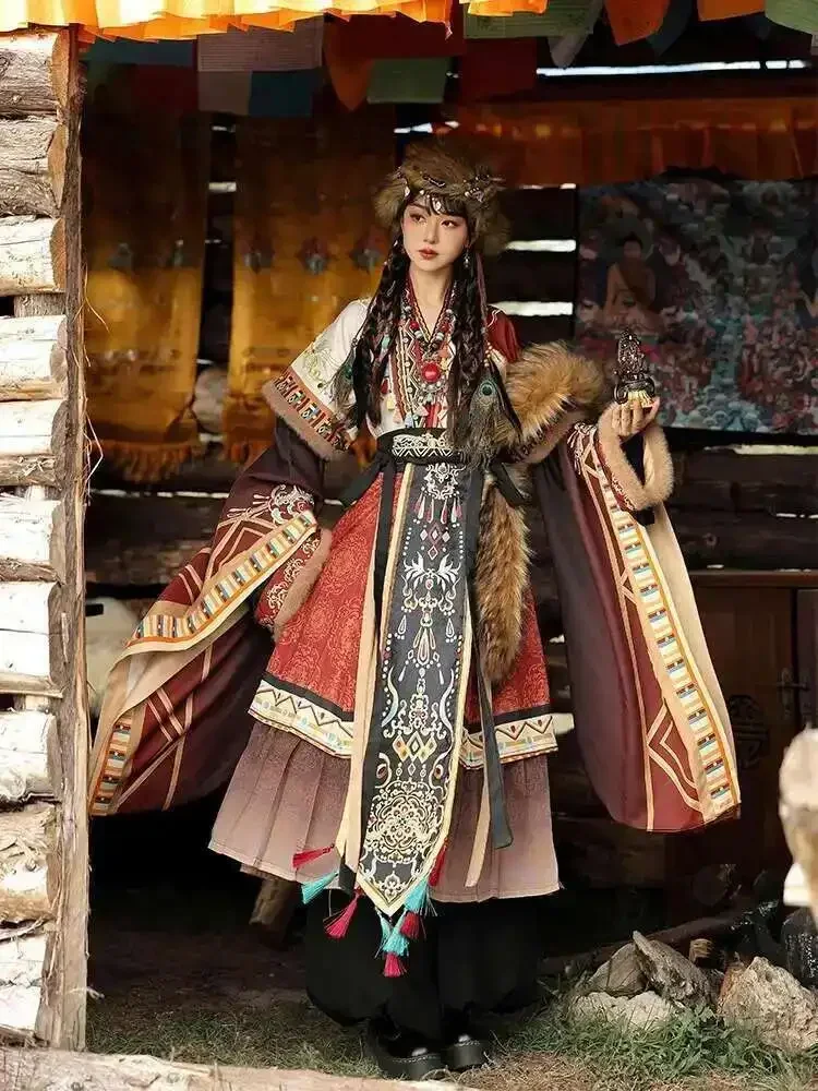

Горячая осень и зима, черный, красный воротник, косплей, тибетский стиль, экзотический этнический стиль, костюм ханьфу, одежда для путешествий, фотографии, 2025