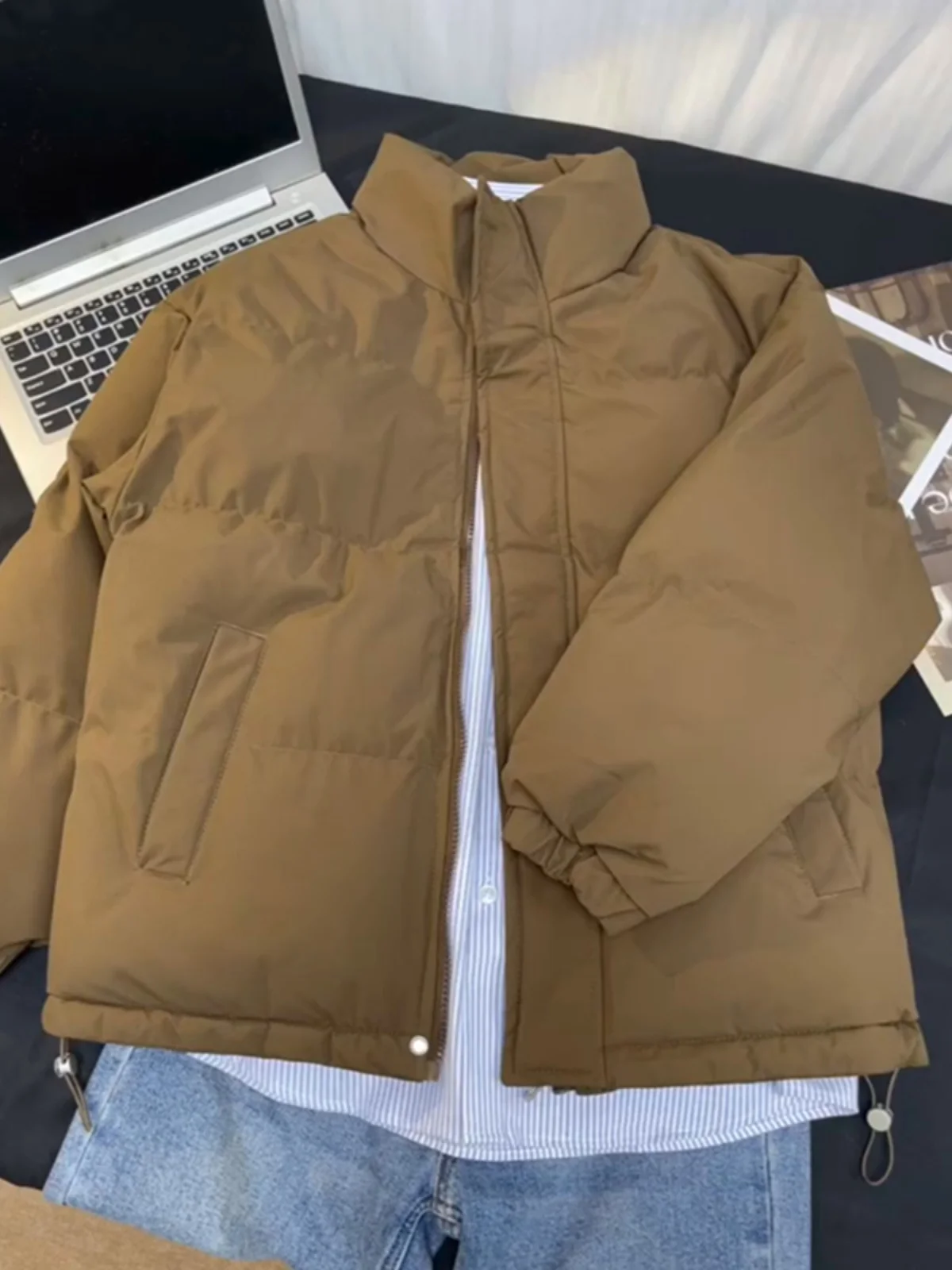 

Cé Brown Winter Thiened Warmth Du down Cotton Jaet Men's Stand Collar Bread Sle Outerwear Casual Loose Fit Youth