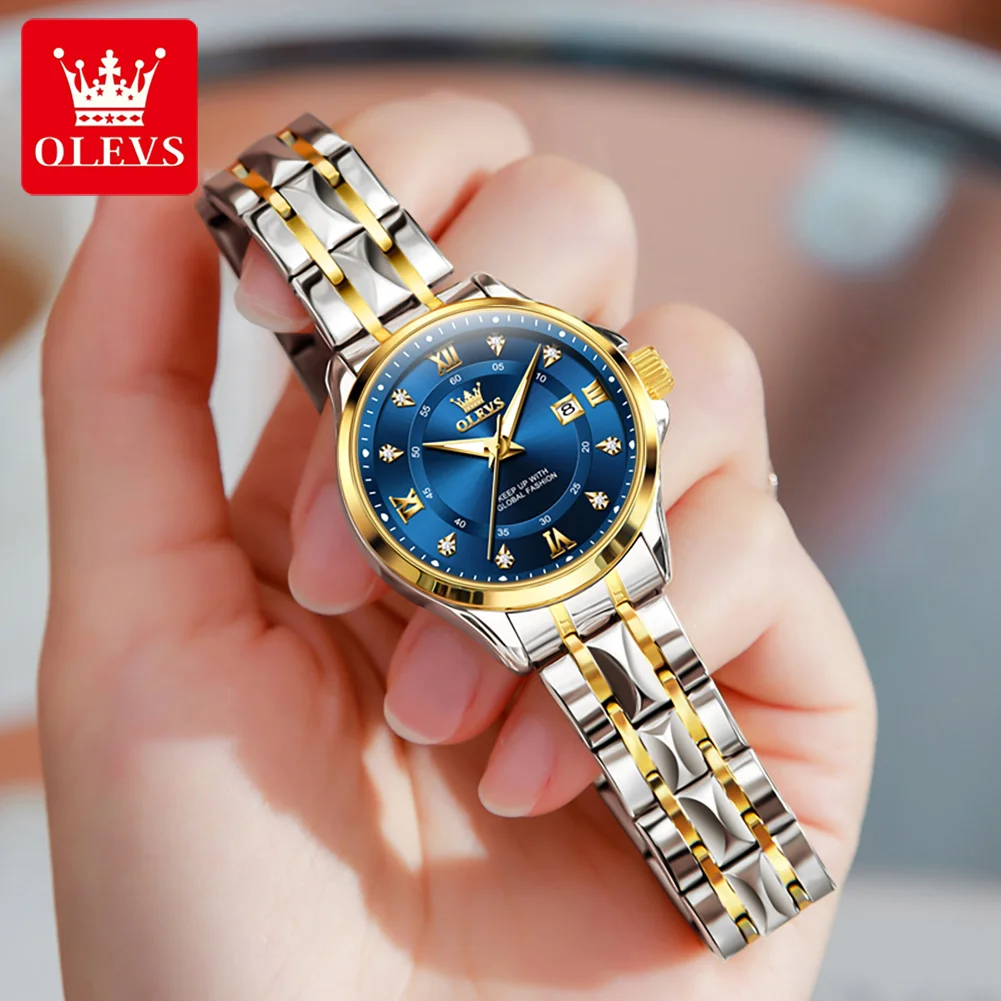 OLEVS Women‘s Watches Luxury Fashion Gold Small Wristwatch for Ladies Original Waterproof Rhombus Stainless Steel Strap Date