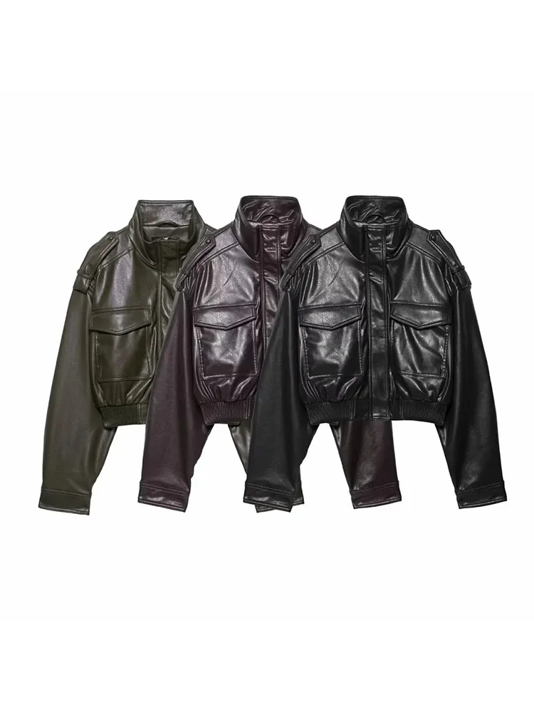 

Женские короткие кожаные куртки на молнии, осень-зима 2023, новые винтажные короткие кожаные куртки, женские повседневные пальто с лацканами и карманами на пуговицах, уличная одежда