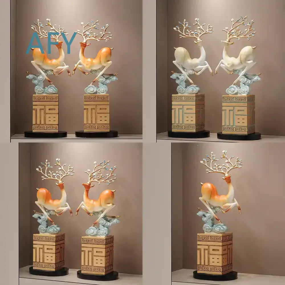 Fulu Sculpture for Luxury Auspicious Cloud Deer Floor Decoration Living Room Entrance TV Cabinet Office Desktop Statue Decor