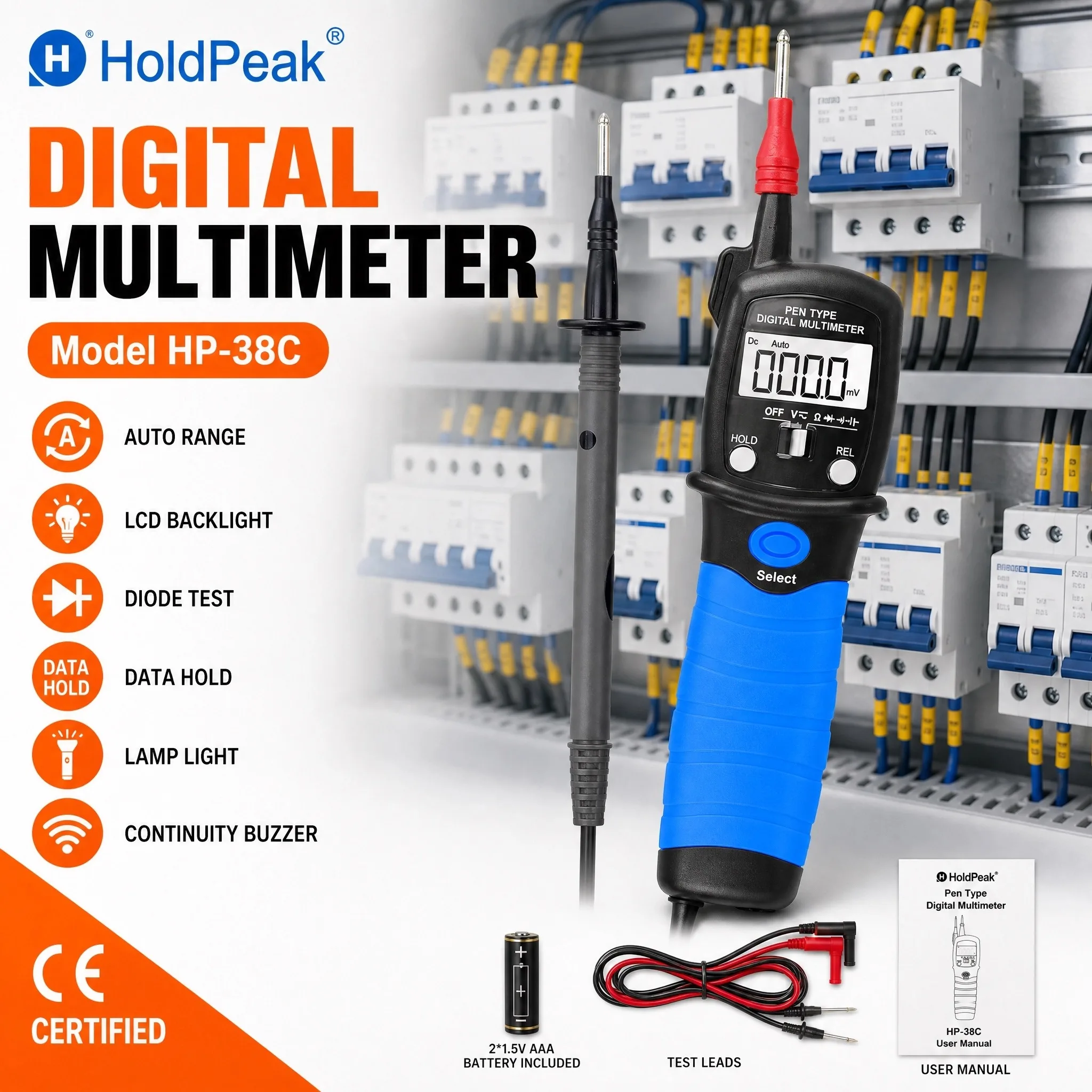 HoldPeak 38B Pen Type Digital Multimeter 1999 Counts Auto Range True RMS AC/DC Voltage Resistance Diode Continuity LED