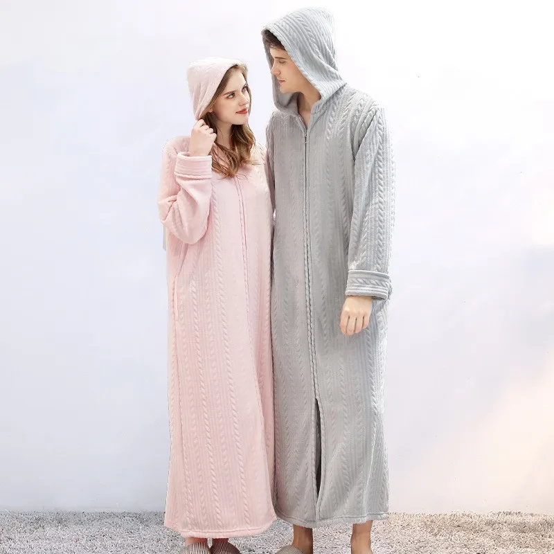 Winter Plus Size Hooded Zipper Long Warm Coral Fleece Bathrobe Women Thermal Flannel Bath Robe Shell Dressing Gown Sleepwear