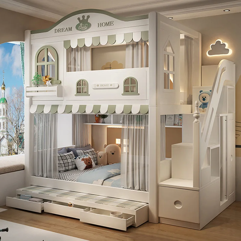 Children's bed bunk double layer two layer high and low tree house bed and the same width castle princess high guardrail bed